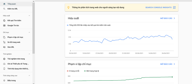 Giao diện chức năng của Google Search Console